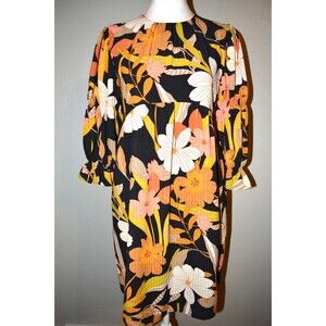 Who What Wear Floral Puff Sleeve Dress XS Black Multicolor Retro Boho Midi